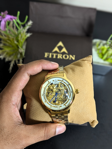 Fitron Luxury Men's Skeleton Automatic Watch – Gold Stainless Steel Mechanical Wristwatch