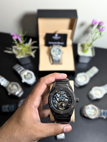 Hublot Geneve Black Ceramic Skeleton Tourbillon Watch for Men – Automatic Mechanical Open Heart Dial Luxury Wristwatch