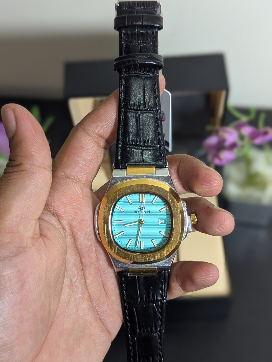 BESTWIN Men's Luxury Watch – Gold Octagonal Bezel with Tiffany Blue Dial & Black Leather Strap