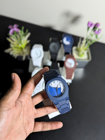 Blue Resin Band Watch for Men – Monochromatic Split Dial, Indo-Arabic Markers Minimalist Analog Watch