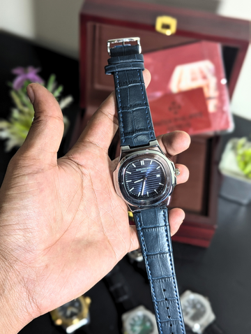 Patek Philippe Nautilus Navy Blue Textured Dial Watch for Men – Date Display Steel Case Blue Crocodile Leather Strap Geneve Luxury Wristwatch
