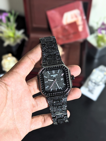 Patek Philippe Geneve All Black Iced Out Diamond Watch for Men – Square Black Pave Diamond Dial Bezel & Bracelet Date Display Luxury Wristwatch