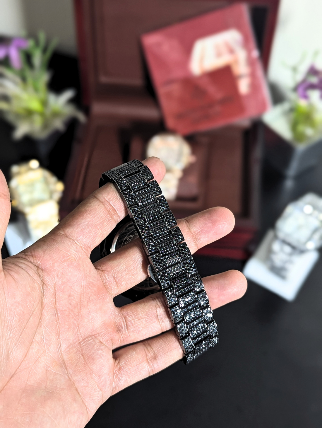 Patek Philippe Geneve All Black Iced Out Diamond Watch for Men – Square Black Pave Diamond Dial Bezel & Bracelet Date Display Luxury Wristwatch
