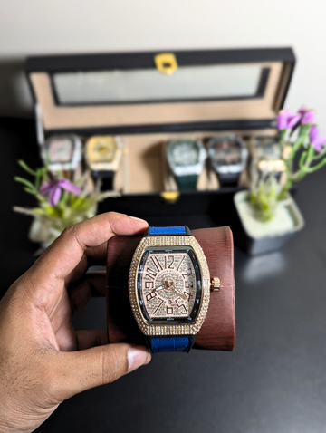 Iced Out Men's Tonneau Watch –  Frank Muller Rose Gold Diamond Encrusted Case with Royal Blue Leather Strap