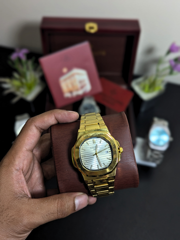 Patek Philippe Nautilus Full Gold Watch for Men – Silver Textured Dial Date Display Yellow Gold Plated Integrated Bracelet Geneve Luxury Wristwatch