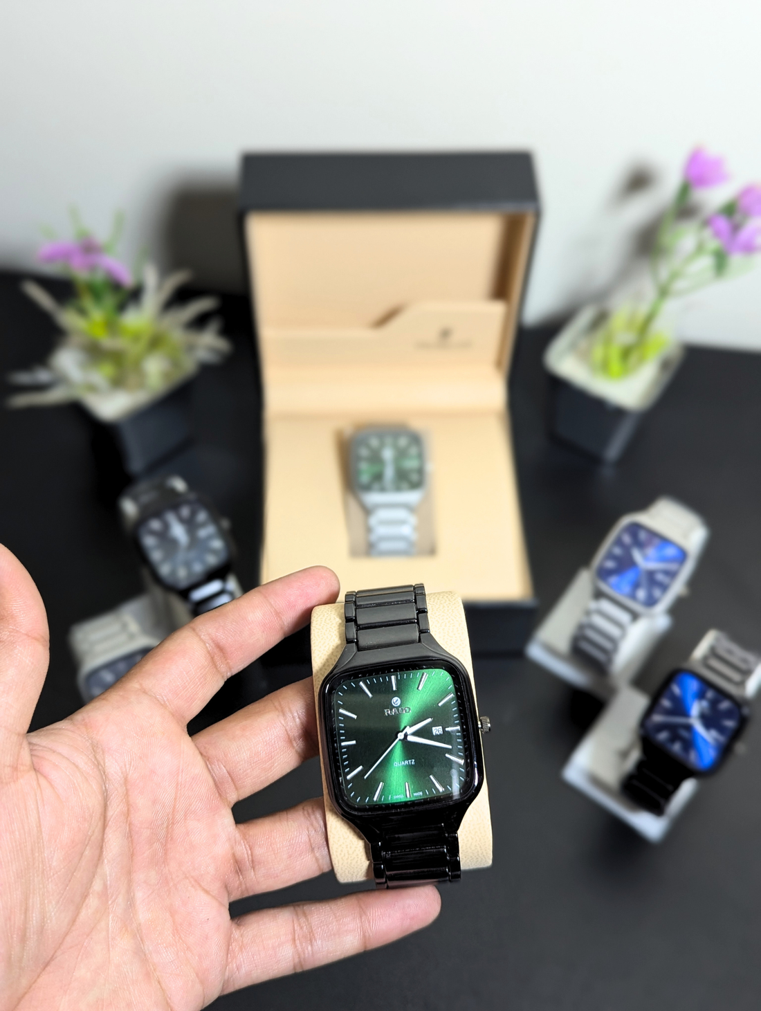 Rado Men's Square Quartz Watch – Black Stainless Steel Case Green Sunray Dial