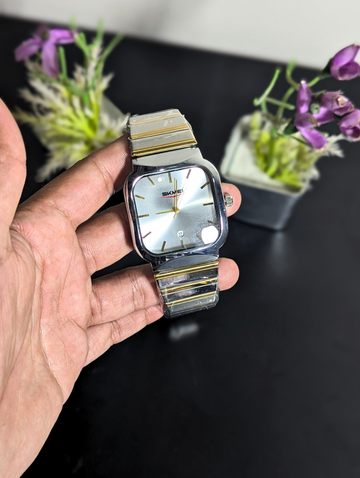 SKMEI Square Watch for Men – Silver Metallic Face with Date Display, Two Tone Gold & Silver Band