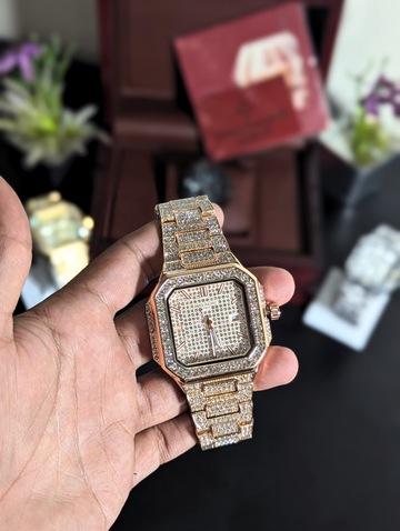 Patek Philippe Iced Out Rose Gold Full Diamond Watch for Men – Square Pave Diamond Dial & Bracelet Date Display Luxury Wristwatch