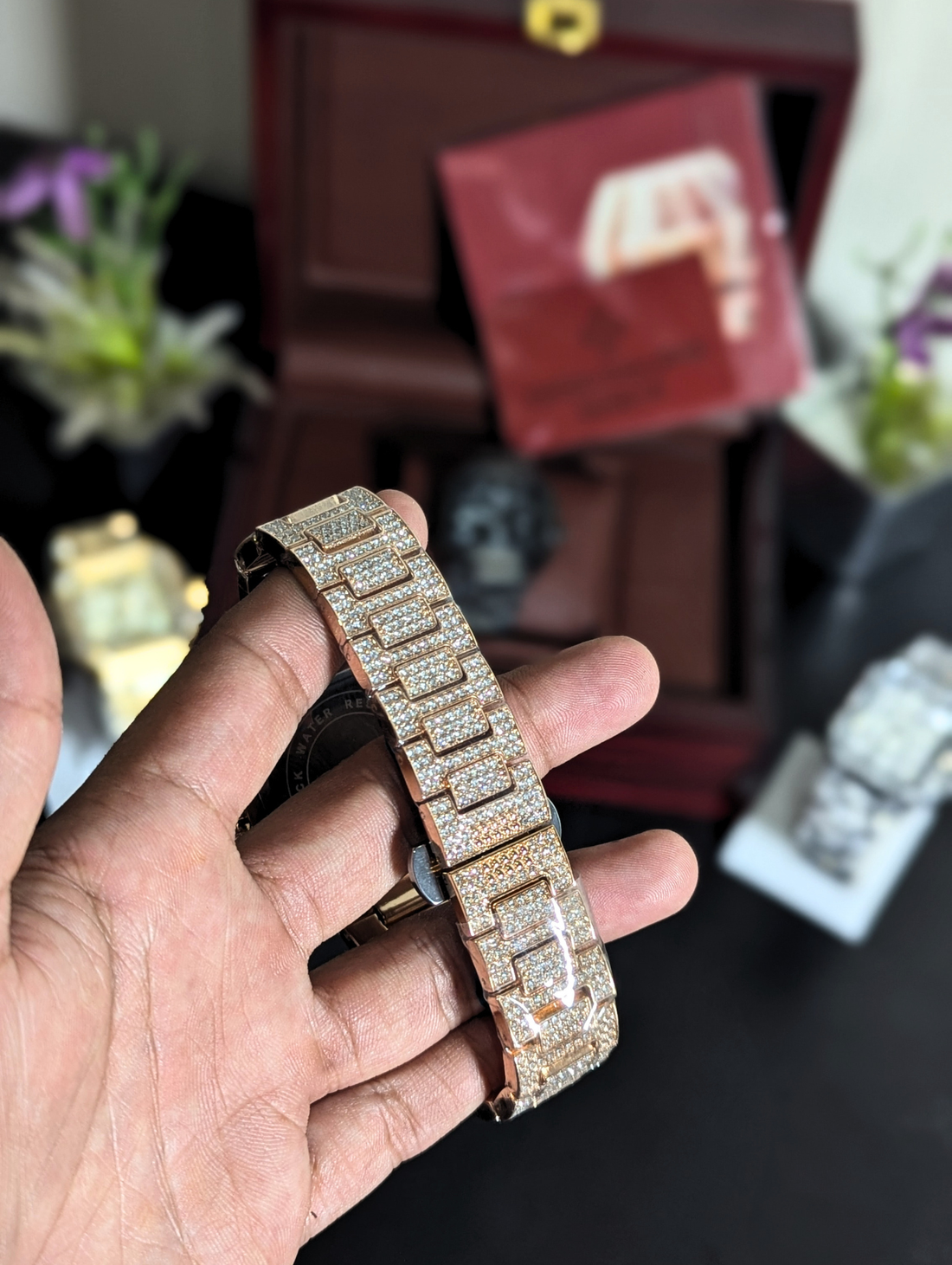 Patek Philippe Iced Out Rose Gold Full Diamond Watch for Men – Square Pave Diamond Dial & Bracelet Date Display Luxury Wristwatch