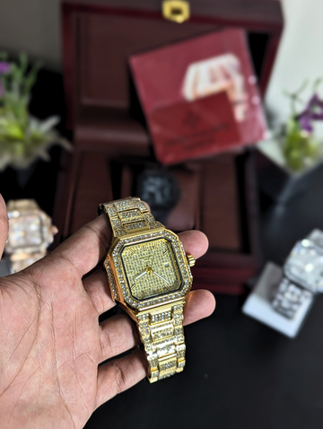 Patek Philippe Iced Out Full Gold Diamond Watch for Men – Square Yellow Gold Pave Diamond Dial Bezel & Bracelet Date Display Luxury Wristwatch