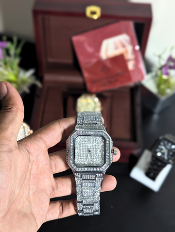 Patek Philippe Iced Out Full Diamond Watch for Men – Square Dial Pave Diamond Dial & Bracelet Date Display Silver Steel Luxury Wristwatch