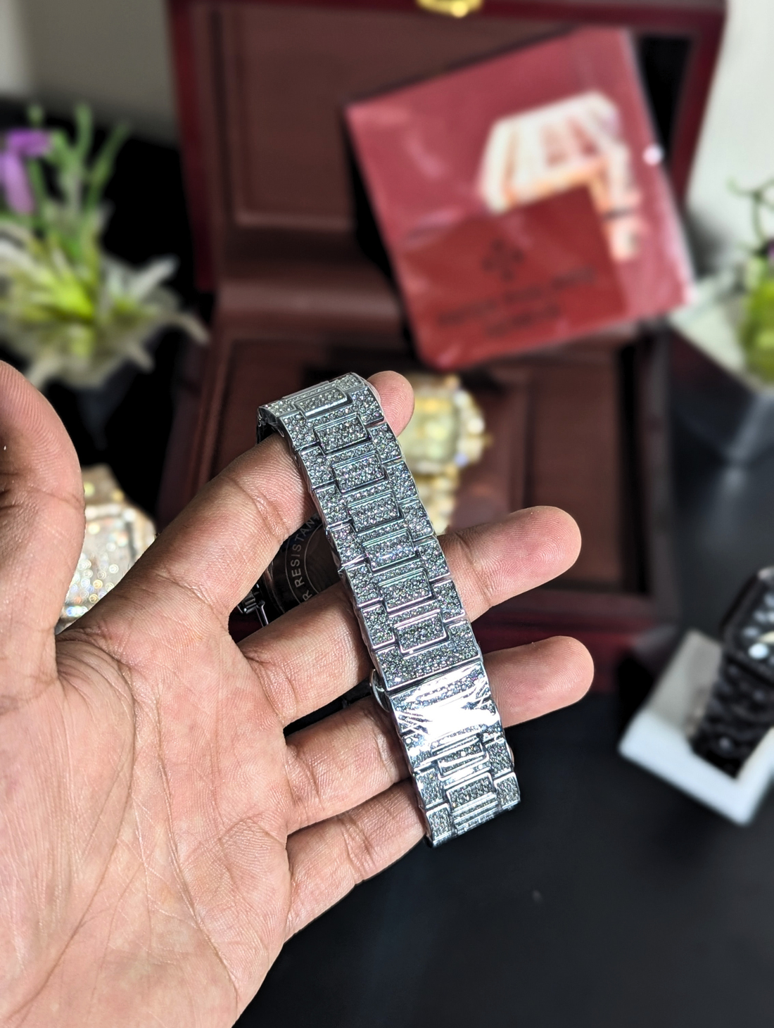 Patek Philippe Iced Out Full Diamond Watch for Men – Square Dial Pave Diamond Dial & Bracelet Date Display Silver Steel Luxury Wristwatch