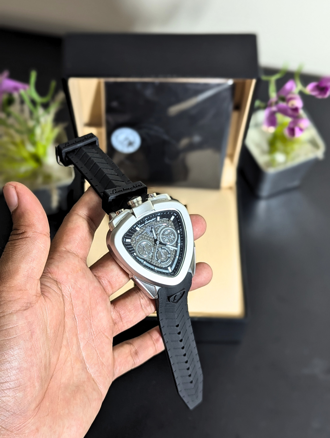 Tonino Lamborghini Spyder Men's Chronograph Watch – Silver Shield Case Black Rubber Strap