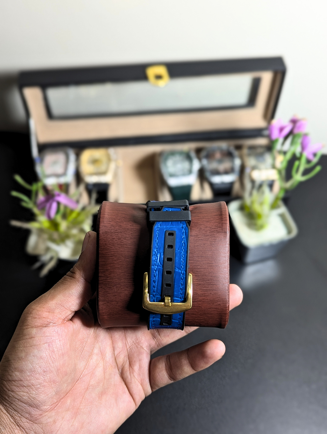Iced Out Men's Tonneau Watch –  Frank Muller Rose Gold Diamond Encrusted Case with Royal Blue Leather Strap