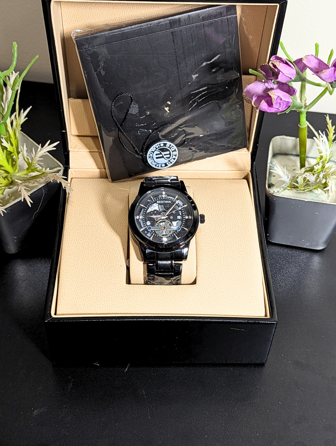 BESTWIN Luxury Steampunk Watch | Stealth Black Open Heart Visible Movement Dress Watch