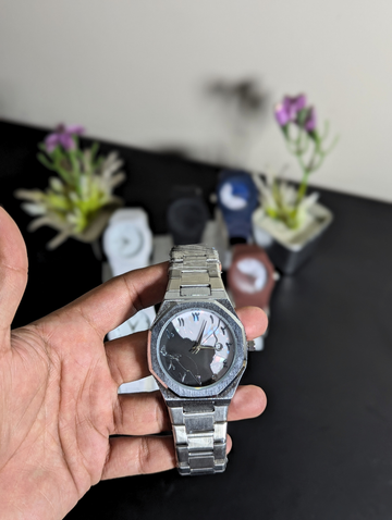 Luxury Silver Metal Watch | Custom Yin Yang Textured Face Arabic Dial Dress Watch
