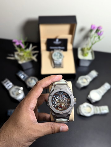 Hublot Classic Fusion Style Watch – Brushed Gray Metal H-Screw Bezel, Visible Gear Analog Movement