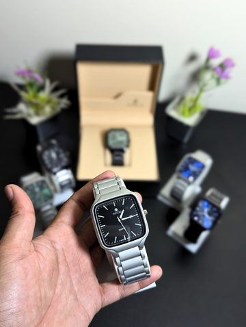 Rado Men's Square Quartz Watch – Silver Stainless Steel Case Black Dial