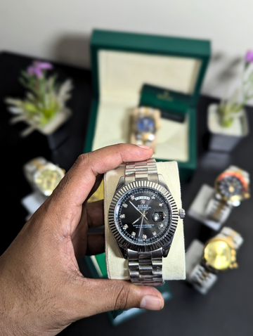 Rolex Oyster Perpetual Day-Date Men's Watch – Stainless Steel Silver Fluted Bezel Black Diamond Dial
