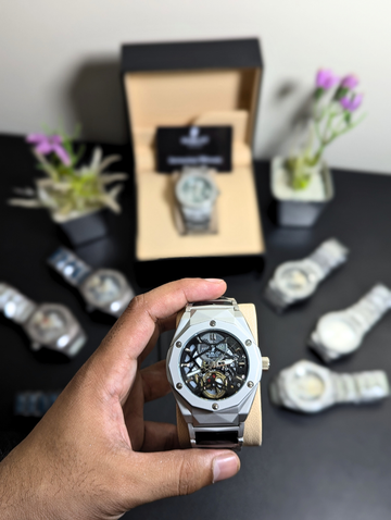 Men's Skeleton Automatic Watch – Sandblasted Matte Silver Case Mechanical Wristwatch