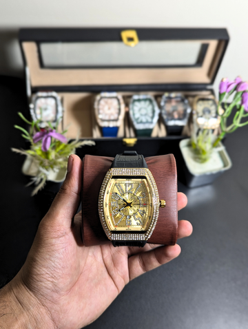 Men's Gold Diamond Accent Quartz Watch – Yellow Gold-Tone Curved Case, Crystal Starburst Face, Black Croc Leather Band