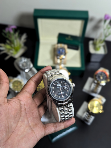 Rolex Day-Date Chronometer Silver Steel Watch – Black Face with Diamond Markers, Date Display