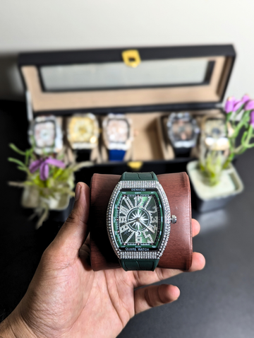 Luxury Green Bling Watch | DENVOSI Vanguard Style Fully Iced Case Green Starburst Face Wristwatch