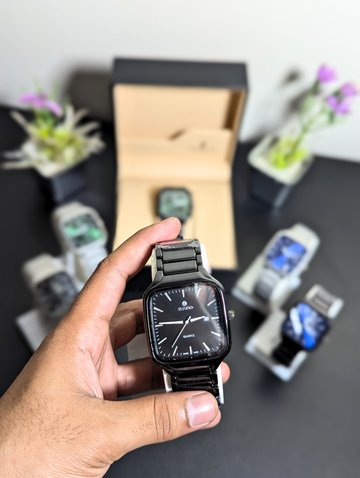 Rado Men's Square Quartz Watch – Black Stainless Steel Case Green Sunray Dial