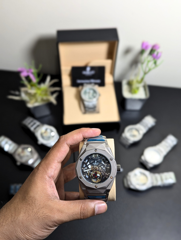 Hublot Style Skeleton Watch for Men – Brushed Gray H-Screw Bezel, Visible Gear Movement