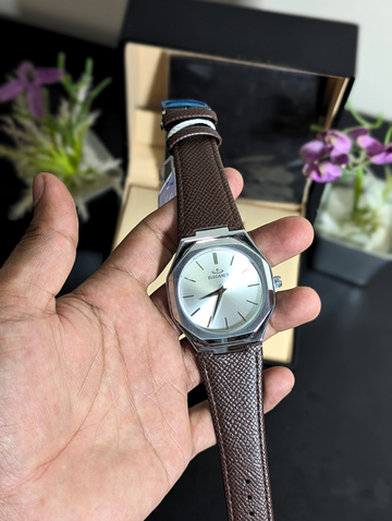 ELEGANCE Men's Analog Dress Watch – Slim Silver Stainless Steel Case, Metallic Face, Pebbled Brown Leather Band