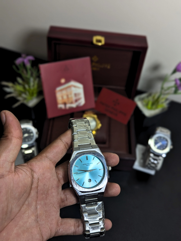 Patek Philippe Geneve Ice Blue Sunburst Dial Watch for Men – Date Display Octagonal Case Stainless Steel Bracelet Luxury Wristwatch