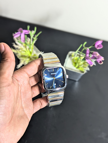 SKMEI Men's Square Analog Watch – Two Tone Gold Silver Steel Blue Dress Wristwatch
