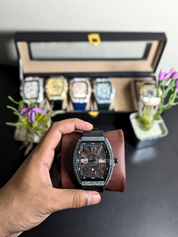 Men's Iced Out Tonneau Watch – Silver Diamond Bezel with Charcoal Striped Dial & Black Strap