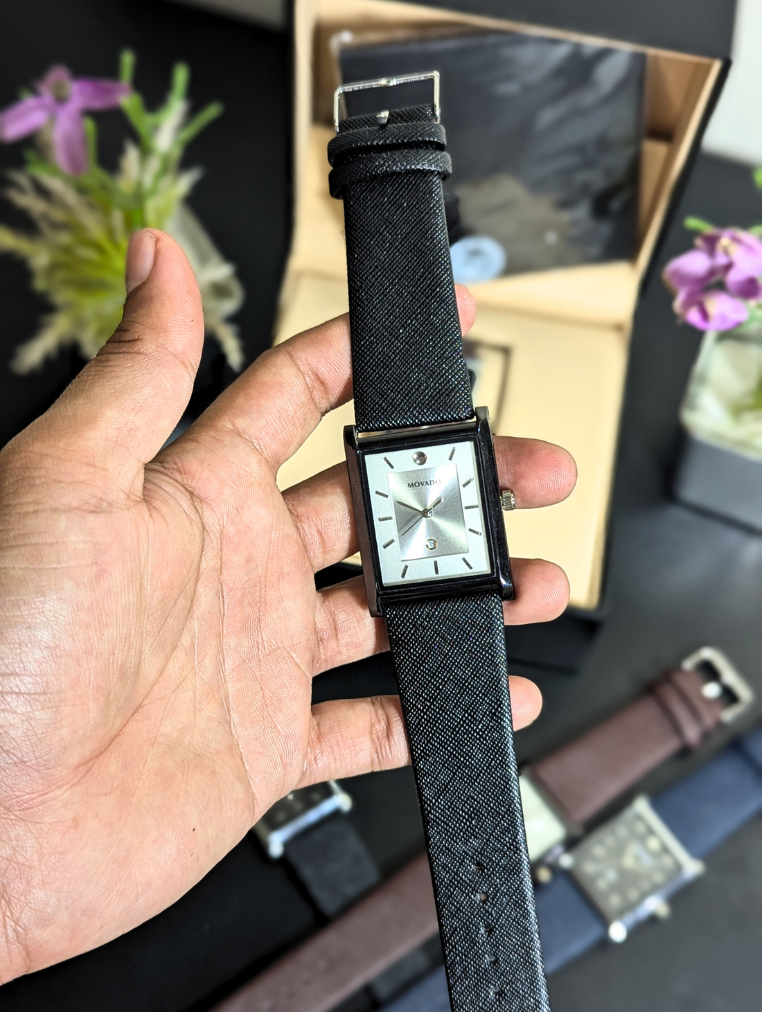 Movado Men's Rectangular Quartz Watch – Silver Stainless Steel Case Brown Leather Strap