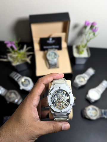 Hublot-Style Skeleton Tourbillon Watch for Men – Silver Stainless Steel Automatic Mechanical Wristwatch with Exposed Movement