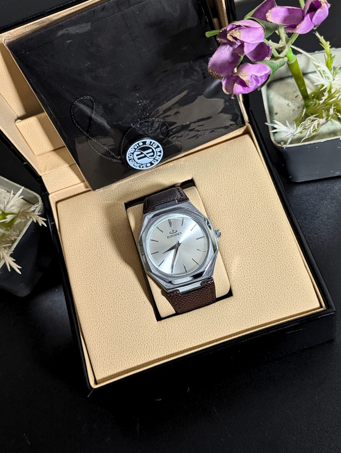 ELEGANCE Men's Analog Dress Watch – Slim Silver Stainless Steel Case, Metallic Face, Pebbled Brown Leather Band
