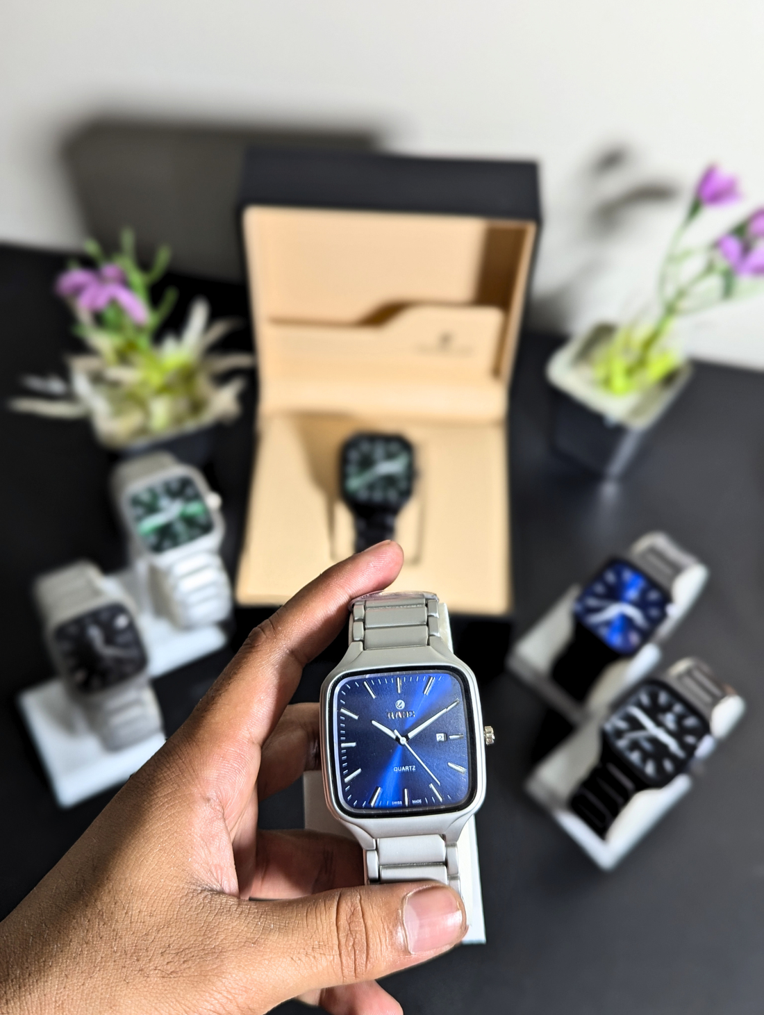 Rado Men's Square Quartz Watch – Silver Stainless Steel Case Black Dial