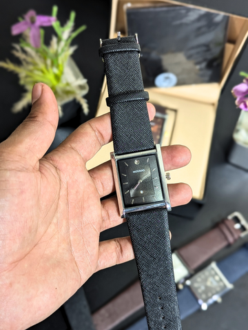 Movado Men's Rectangular Quartz Watch – Silver Stainless Steel Case Brown Leather Strap