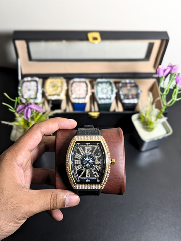 Luxury Gold Bling Watch | Custom Franck Muller Vanguard Style Fully Iced Black Starburst Face Wristwatch