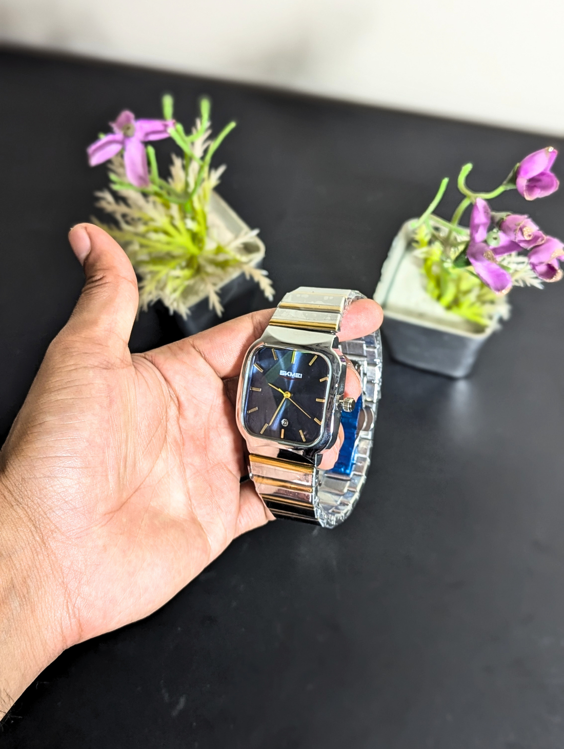 SKMEI Men's Square Analog Watch – Two Tone Gold Silver Steel Blue Dress Wristwatch