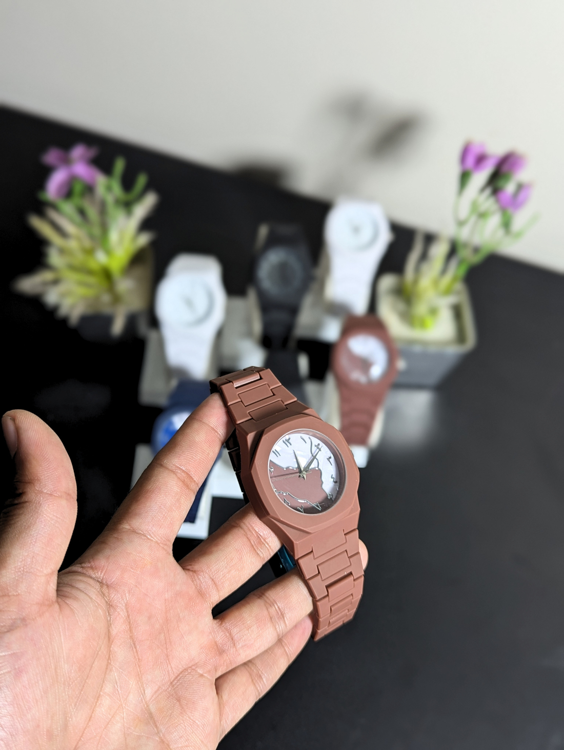 Casual Earth Tone Watch | Custom Yin Yang Textured Face Arabic Dial Polymer Dress Watch