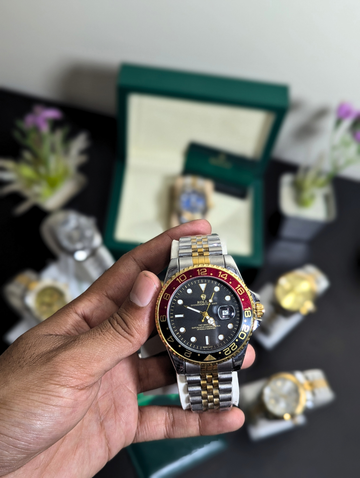 Rolex GMT Style Watch for Men – Gold and Silver Steel Band, Coke Bezel with Date Display