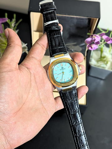 BESTWIN Men's Luxury Watch – Gold Octagonal Bezel with Tiffany Blue Dial & Black Leather Strap