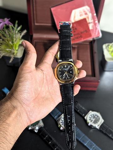 Patek Philippe Nautilus Black Dial Gold Bezel Watch for Men – Date Display Black Crocodile Leather Strap Geneve Luxury Wristwatch