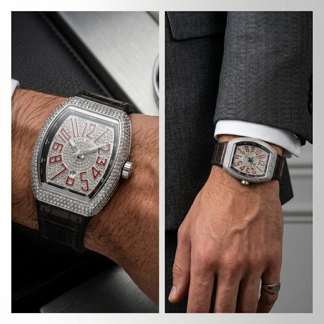 Men's Iced Out Tonneau Watch – Silver Diamond Bezel with Charcoal Striped Dial & Black Strap